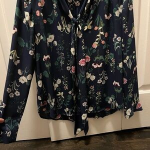 Loft Floral Navy Long Sleeve Blouse with Tie Neck and Button Sleeves